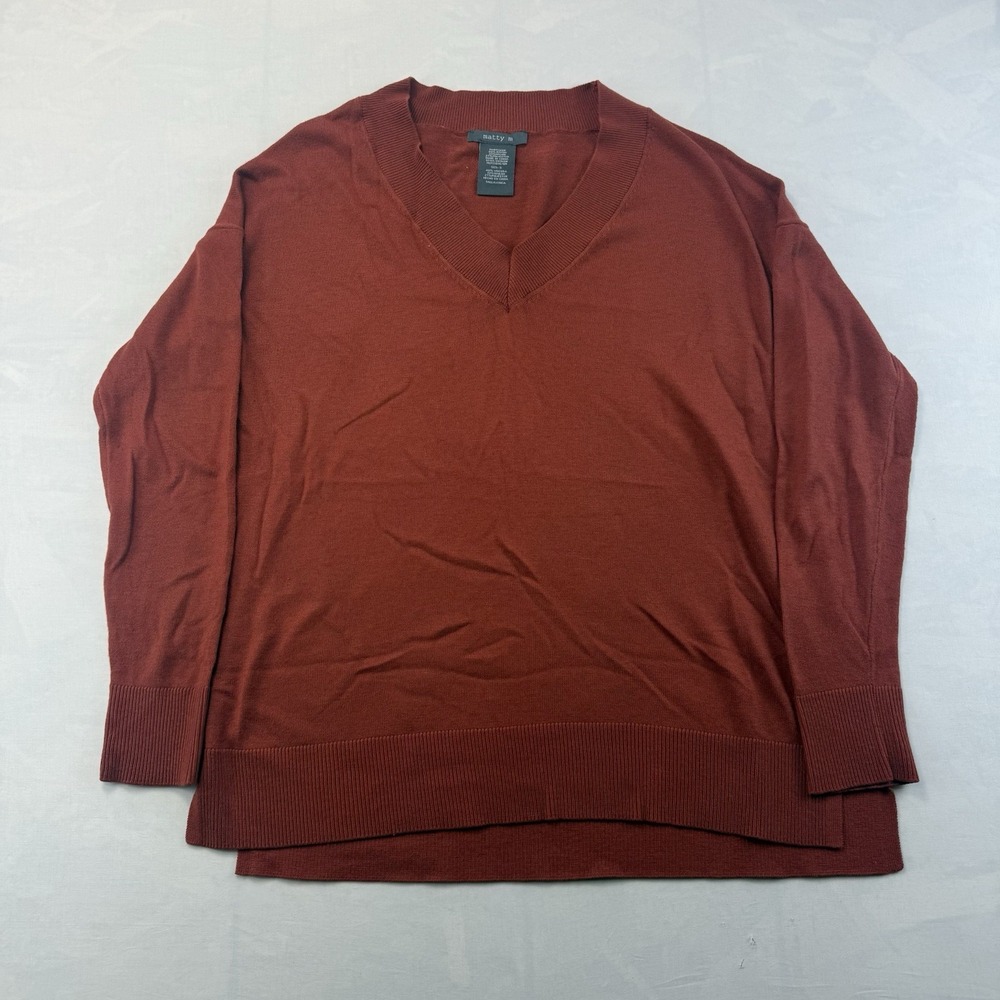 Matty M Sweater Womens S Brick Relaxed Ribbed Hem & Cuff V-Neck V-Neck Pullover - Picture 1 of 6